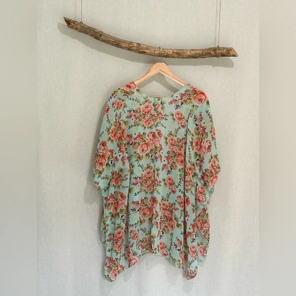 Lightweight Floral Open-Front Kimono in Mint with Pink Roses - Picture 3 of 4